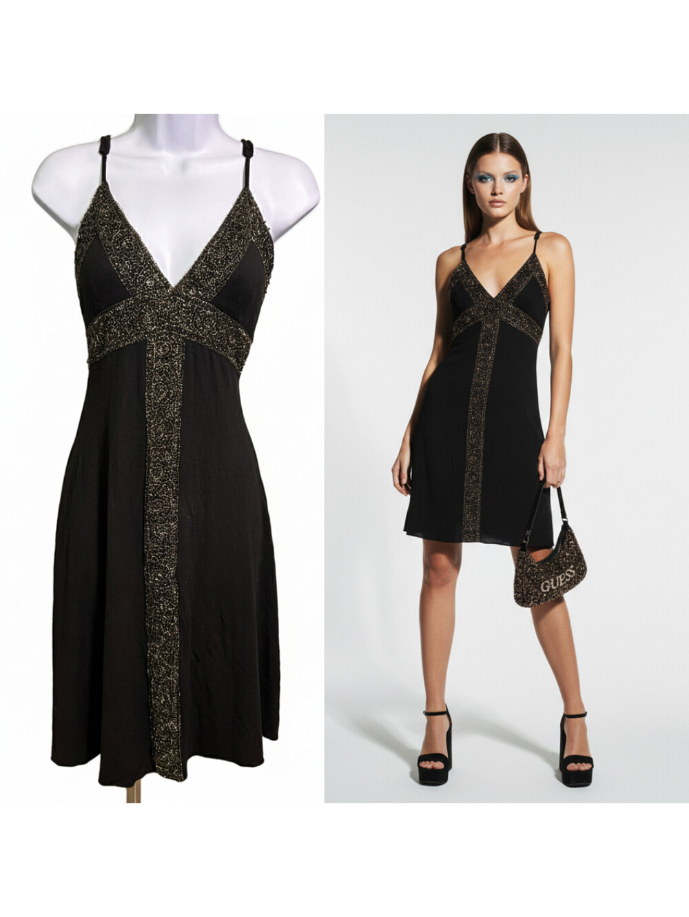 Vintage Y2K Guess Jeans Beaded Empire Waist Slip Dress Womens M Black Evening